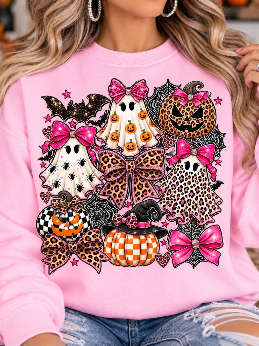 Gildan Pink Halloween Ghost & Leopard Bow Graphic Sweatshirt